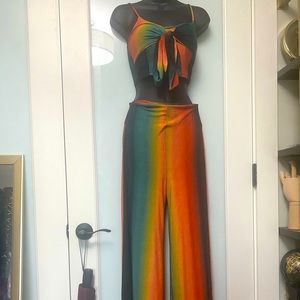 2 piece matching rainbow stripe pant set.